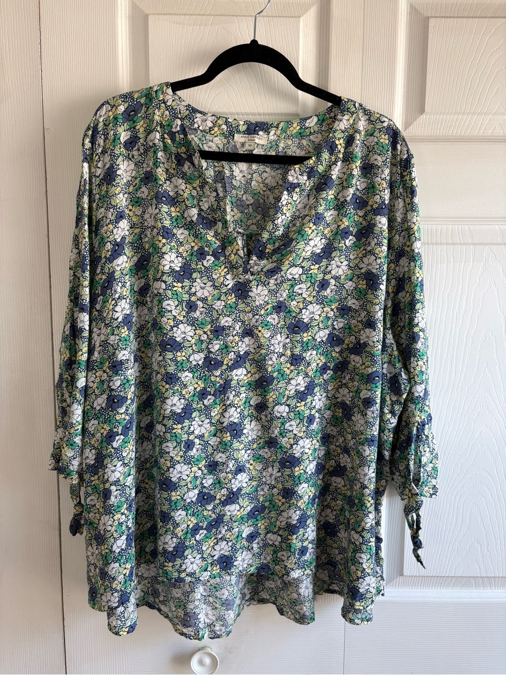 Anne Carson White Blue Ditsy Floral V-Neck Blouse Boho Peasant Career 3X Relaxed